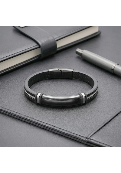 Moncuk Design İsim Yazılabilir Çelik Halatlı Deri Ve Siyah Titanyum Kilit Bileklik 33513b15d1