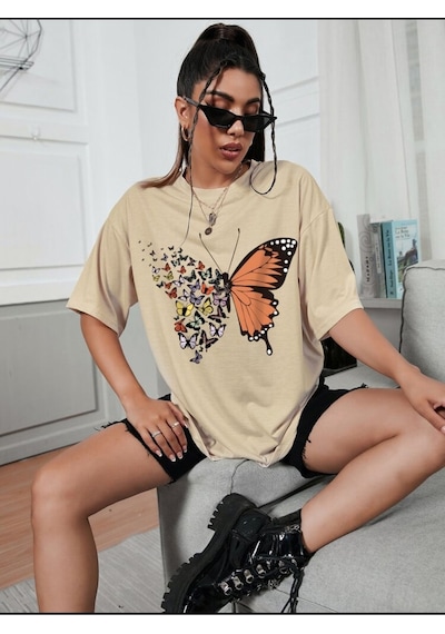 Kelebek Baskılı Oversize Unisex Tişört Taş