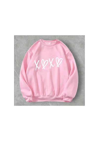 Magors Stıl-x Love Baskılı Bisiklet Yaka Oversıze Üç İplik Şardonlu Sweatshırt Pembe