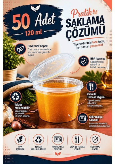 50 Adet 120 Ml Sızdırmaz Mini Saklama Kabı Sosluk Buzluk Kabı Mıt1369 Şeffaf