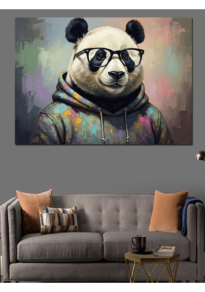Sweatshirt Giymiş Gözlüklü Panda Tablosu Dekoratif Kanvas - Mdf Ahşap Tablo