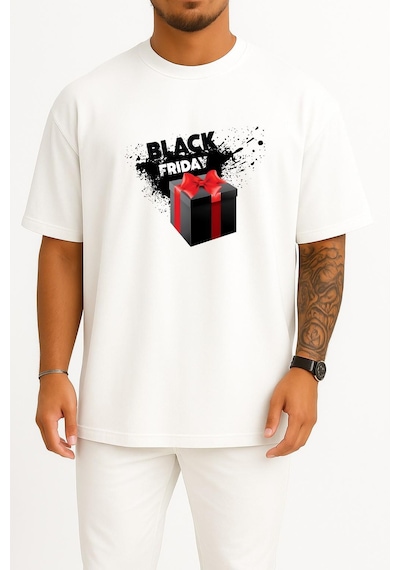 Bahriyeli Collection Oversize Black Friday - Kara Cuma Göğüs Tasarımlı Unisex T-shirt Beyaz