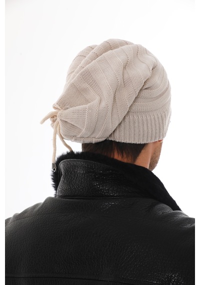 Ritagarcia Unisex Arkası İpli Büzgülü Triko Bere Kışlık Dökümlü Slouchy Beanie Bere Taş Rengi