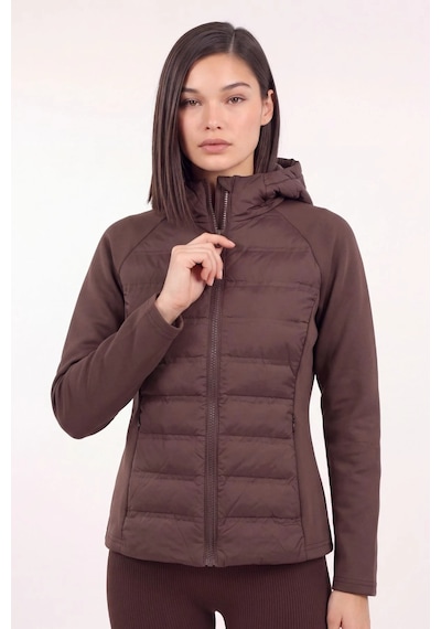 CEMO Kapüşonlu Softshell Kollu Şişme Kadın Mont Kahverengi
