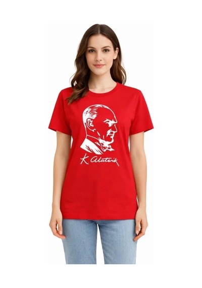 Hazego Atatürk Baskılı Tişört Kısa Kollu Bisiklet Yaka T-shirt - Kırmızı