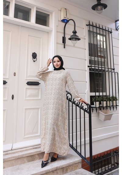 Nevayla Moda Çiçek Desenli Viskon Elbise - Bej / E0128 Bej