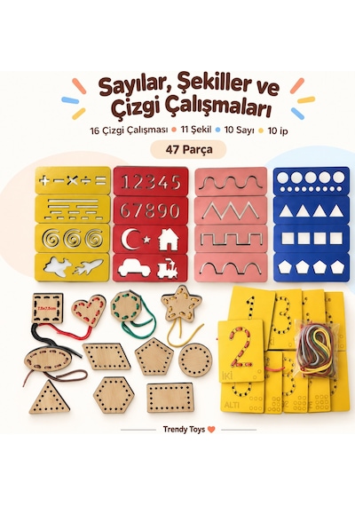Eğitici Ahşap Çizgi Çalışmaları,sayı Ve Şekiller Ip Geçirme El Kası Geliştirme