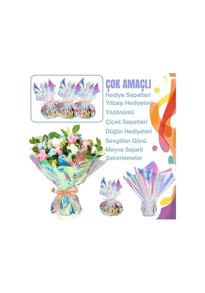 Yanardöner Jelatin Ambalaj Kağıdı, 57x57cm,gökkuşağı Efektli Çiçek Ve Hediye Paketleme Kağıdı,5adet