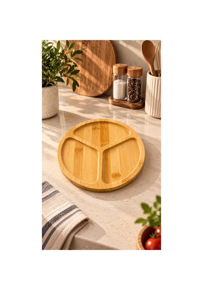 3 Bölmeli Bambu Sunum Tabağı 22 Cm 6 Adet Kahverengi - 939625524 Kahverengi