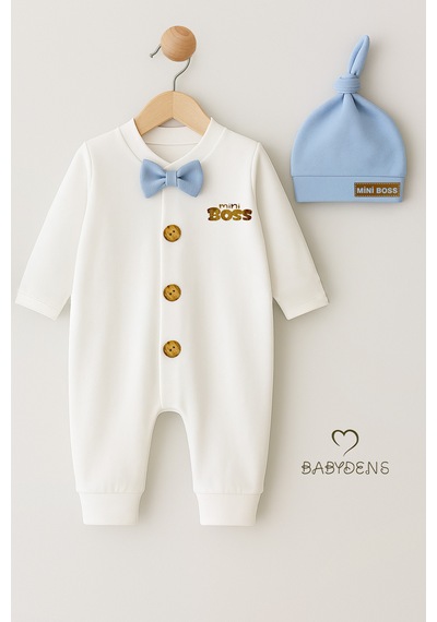 Babyden's Mini Boss Erkek Bebek Tulum Ve Şapka Seti Yenidoğan Papyonlu Bebek Tulumu %100 Pamuk Mavi