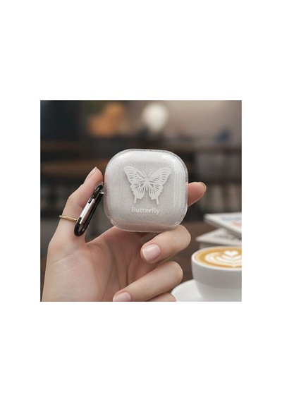 Caseonn Galaxy Buds Fe - Buds Core Kılıf Figürlü Işıltılı Kelebek Şeffaf Beyaz