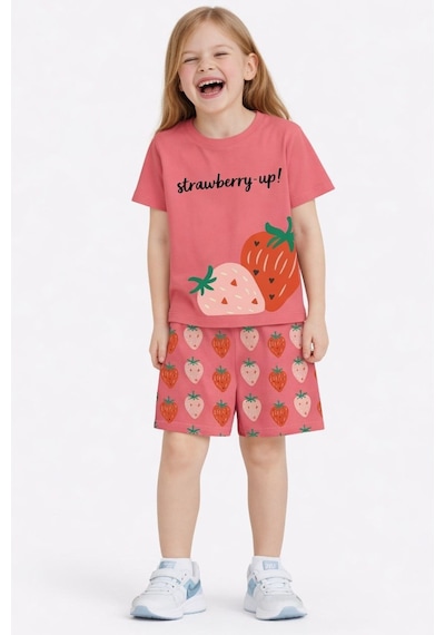 Name Baby & Kids Kız Çocuk Şortlu Yazlık Pijama Takımı - Çilek Nbk-6154 Fuşya