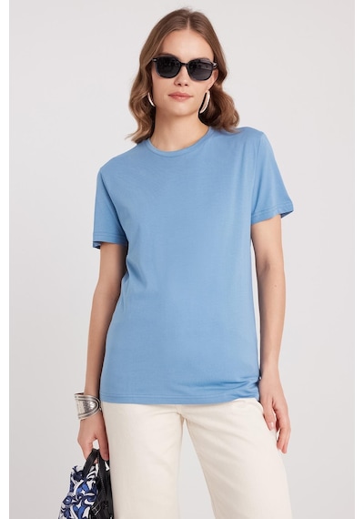 Tudors Kadın Slim Fit Dar Kesim %100 Pamuk Yumuşak Dokulu Mavi Bisiklet Yaka Tişört-37841 Mavi