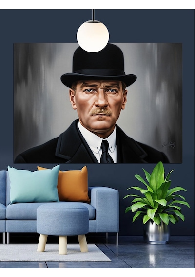Şapkalı, Mustafa Kemal Atatürk Portresi Dekoratif Kanvas - Mdf Ahşap Tablo