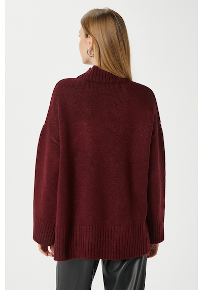 Ritnice Kadın Wonder Yumuşacık Dik Yaka Bordo Yırtmaçlı Oversize Triko Kazak Bordo