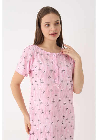 Yasar Underwear Kadın %100 Pamuk Desenli Kısa Kollu Yarım Pat Düğmeli Rahat Kesim Gecelik Pembe Pembe