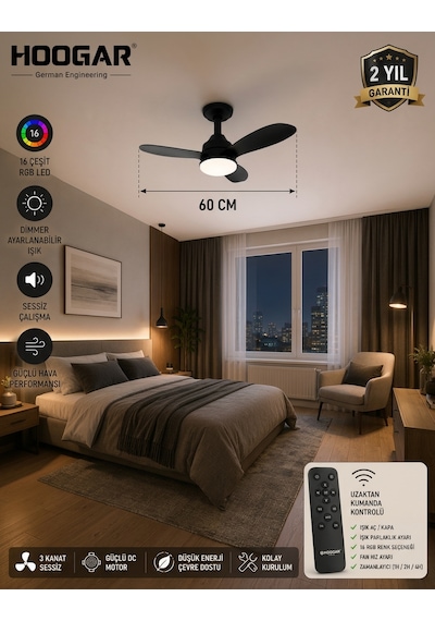 German New Black Super Fan 60 Cm Kalın Kanat Dim Ayarlı Tavan Vantilatörü Rgb Led 16 Renk Sessiz Sinek Kovar
