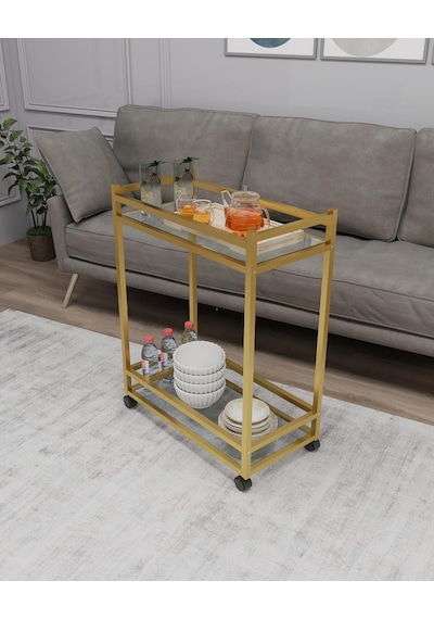 Çok Amaçlı Tekerlekli Sunum Servis Arabası Yan Sehpa Cam Raflı Gold Metal İskeletli Servant Genel