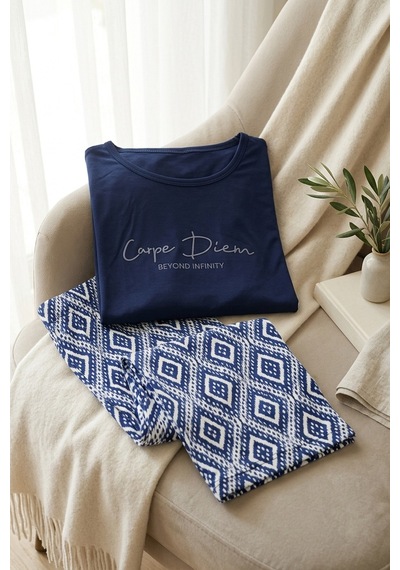 Aura Collections Kadın Desenli Bambu Viskon Uzun Kollu Soft Örme Mevsimlik Pijama Takımı Lacivert