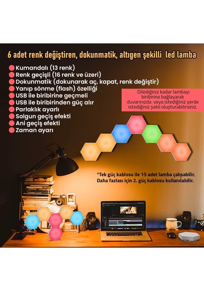 Upway Dokunmatik Çok Renkli Kumandalı Dekoratif Altıgen 6 Lı Led Lamba Seti Çok Renkli