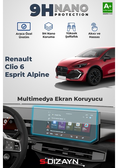 S-dizayn Renault Clio 6 Esprit Alpine 9h Multimedya Ekran Koruyucu Parlak 2026 Üzeri A+ Kalite