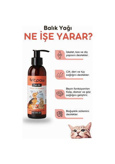 Vitpaw Kedi ve Köpekler İçin Balık Yağı Omega 3-6 EPA - DHA Tüy ve Bağışıklık Desteği Fish Oil 200 ML