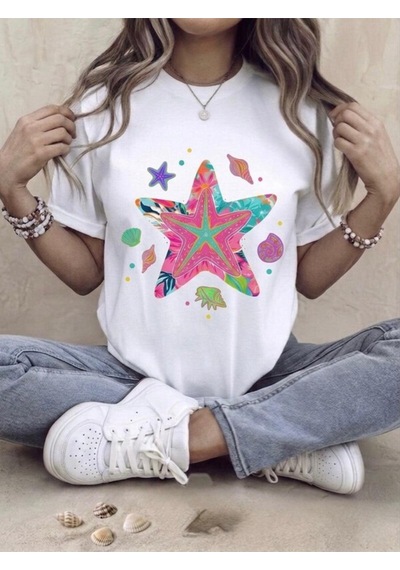 Marine Tema Baskılı Oversize Kompak T-shirt Beyaz
