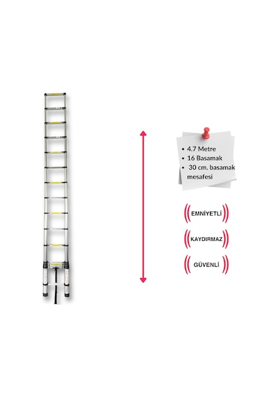 Endokon 470 Cm. - 16 Basamaklı Teleskopik Alüminyum Merdiven - I Tipi Uzayan Merdiven
