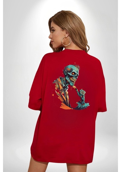 Zombi İskelet Kendine Yumruk Kırmızı Oversize Unisex Ön Ve Sırt Baskılı Tişört Kırmızı
