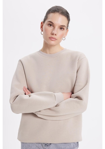Tudors Kadın Oversize Geniş Kesim Pamuklu 3 İplik İçi Polarlı Basic Taş Bisiklet Yaka Sweatshirt-42070 Taş