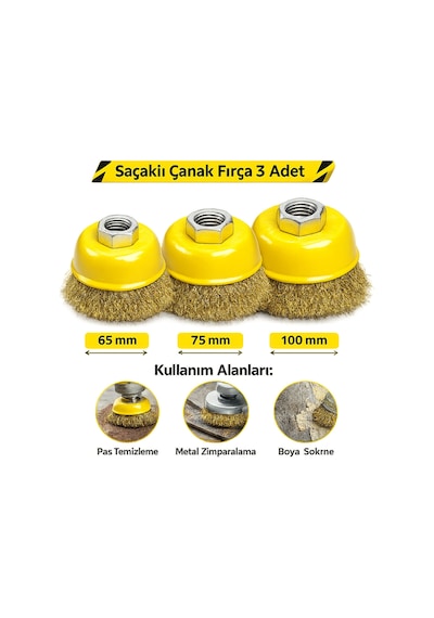 Saçaklı Çanak Fırça 65mm 75mm 100mm 3'lü Set Yüzey Temizleme Boya Sökme Fırçası