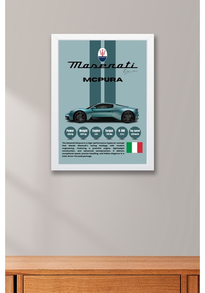 Maserati Mcpura Premium Araba Tablosu - Teknik Özellikli İtalyan Otomobil Duvar Dekoru Beyaz