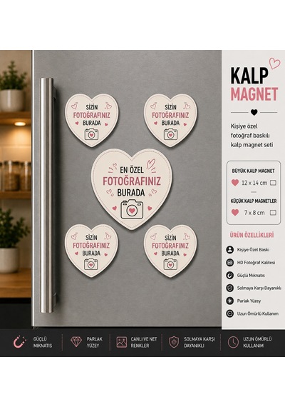 5'li Kalp Fotoğraf Magneti Kişiselleştirilebilir Büyük Ve Küçük Magnet Hediye Seti