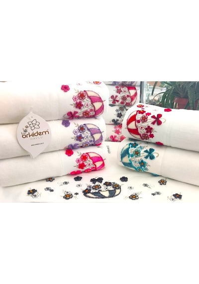 6.lı Set Annem 50x90 Cm. Özel Tafting Nakışlı Kadife Doku Çeyizlik Lüks Havlu Seti Beyaz Beyazşemsiye Beyaz