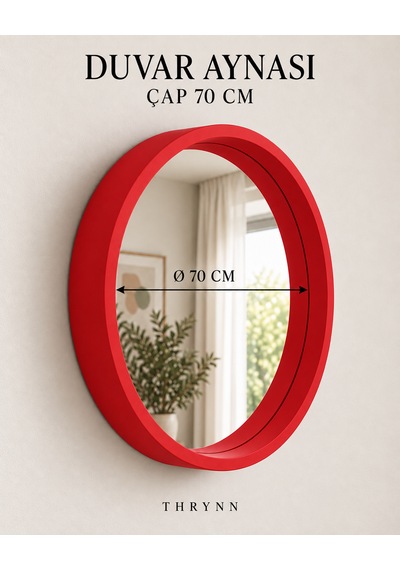 Dekoratif Duvar Aynası Yuvarlak Çerçeveli 70cm Kızmızı Şifonyer Ve Makyaj Masası Üstü Kırmızı