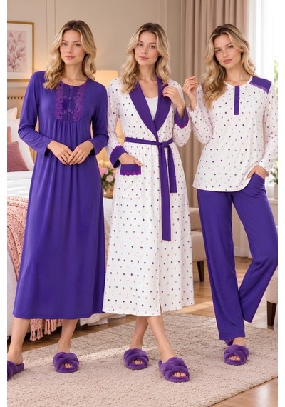 Mecit Pijama Mecit 6415 Mor Kadın Büyük Beden Sabahlık Pijama Gecelik Set