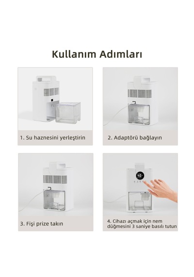 Mini Nem Alma Cihazı Çok Amaçlı Led Ekranlı - 230ml/gün 1l Hazneli - Beyaz