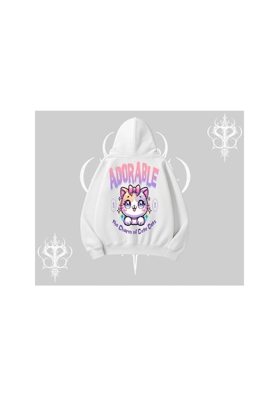 Adorable Kawaii Kedi Arka Baskılı Kapşonlu Sweatshirt