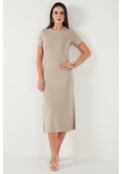 Lela Regular Fit Bisiklet Yaka Yırtmaç Detaylı Midi Bayan Elbise 5866165 Taş