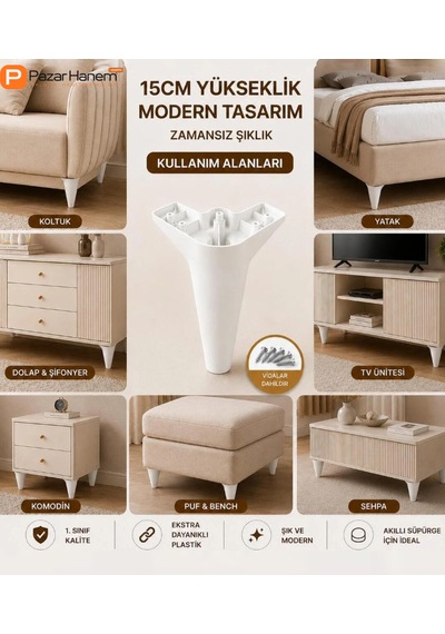 Modern Plastik Mobilya Ayağı - 4'lü Set Kanepe Koltuk Baza Puf Ayağı Beyaz + Vidalar Dahil