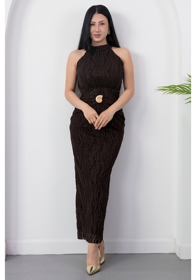 Kalopya Halter Yaka Beli Tokalı Bağlamalı Elbise Grs4023 Kahve