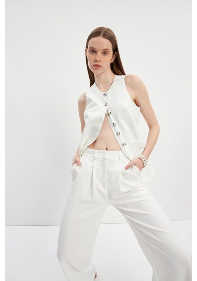 Stella Pulvis Krem Pileli Yüksek Bel Wide Leg Pantolon Krem
