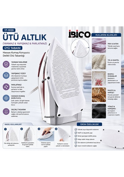 İbico İ17-031 İ13-031 Durable Nonstick Ütü Altlık Ütü Tabanı Yanmaz Yapışmaz Parlatmaz