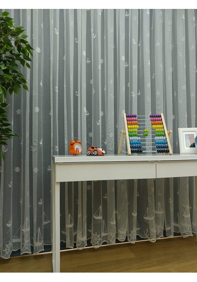 Yelkenli Çapa Desenli Çocuk Odası Tül Perde, 100x250, Seyrek Pile, 1/2 Genel