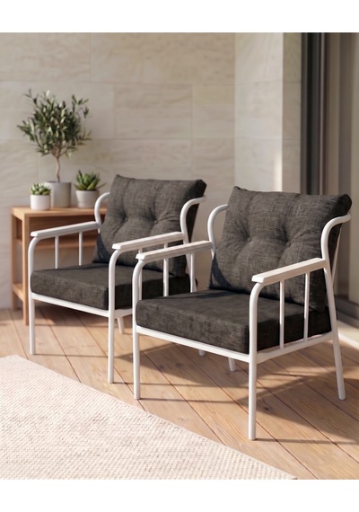 Paris Metal İskeletli Siyah Keten Dokulu Balkon Bahçe Berjeri 2 Li Set Beyaz Gövde Modern Tekli Koltuk