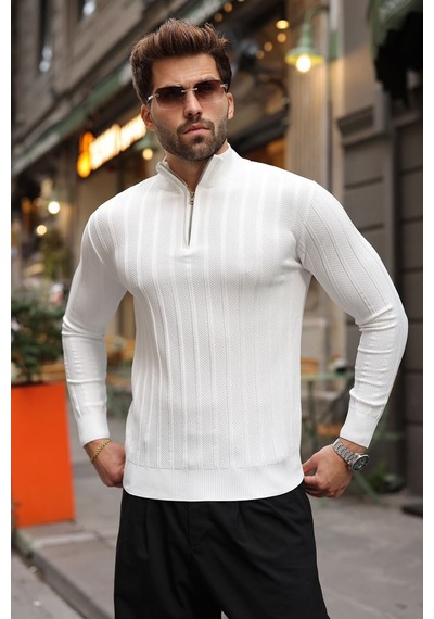 Madmext Beyaz Slim Fit Hakim Yaka Fermuarlı Erkek Triko Kazak E7518