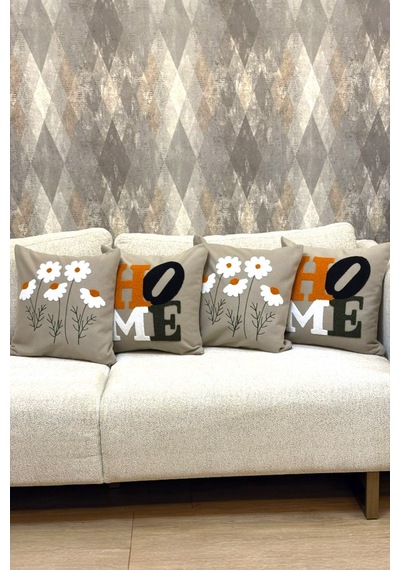 4 Lü Dekoratif Pamuklu Kırlent Kılıfı Seti 2 Papatya 2 Home Modern Boho Etnik Çift Katlı Kumaş Bej Bej