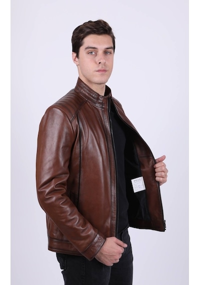 New Zaya Leather Erkek Açık Kahverengi Hakiki Deri Ceket-Altın (466898691) Altın