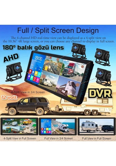 Dokunmatik Usb Mp5 Fm Dvr Ekran Ve 4 Ad Ahd180 Derece Kamera Seti