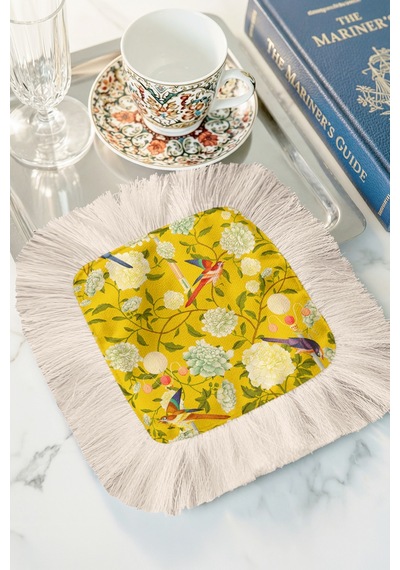 Çiçekli Kuşlu Saçaklı Sunum Peçetesi - Vintage Bahar Sarı Naturel Krem Bardak Altlığı Mendil Çok Renkli